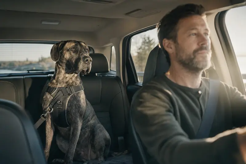 Eine Brasilianische Dogge sitzt sicher angeschnallt auf der Rückbank eines Autos und genießt das Sonnenlicht.