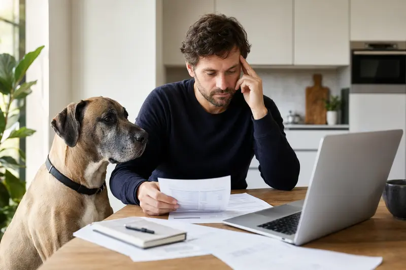 Eine Brasilianische Dogge sitzt ruhig neben ihrem Besitzer am Küchentisch, während Versicherungsunterlagen und ein Laptop mit Vergleichsseiten auf dem Tisch liegen.