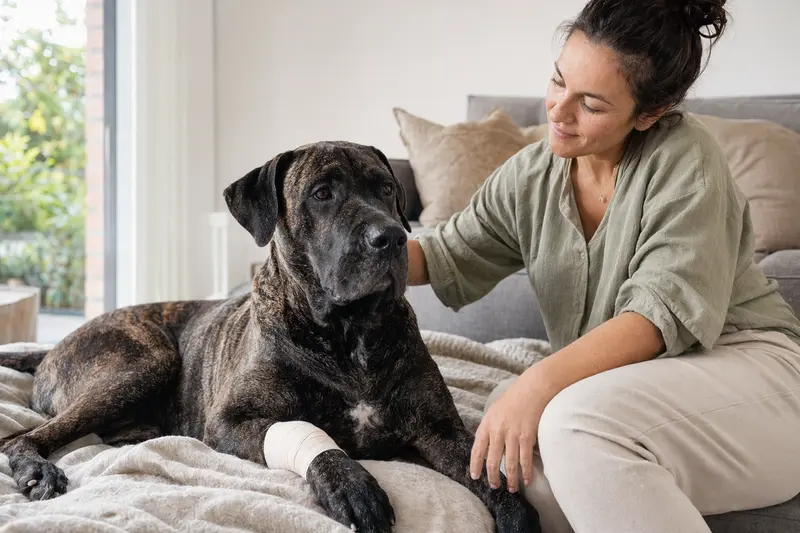 Eine Brasilianische Dogge mit leichtem Verband an der Pfote liegt entspannt neben ihrem Besitzer in einer hellen Wohnung.