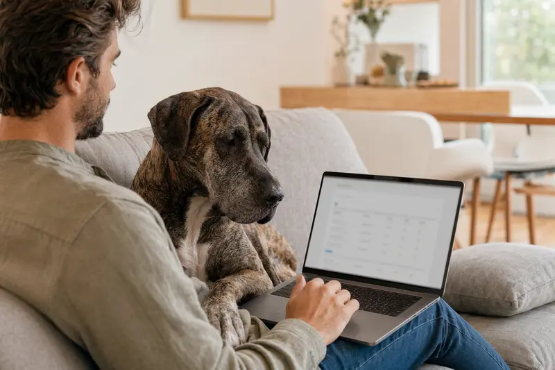 Ein Hundebesitzer arbeitet am Laptop auf dem Sofa, während seine Brasilianische Dogge neben ihm sitzt und eine Versicherungsvergleichsseite zeigt.