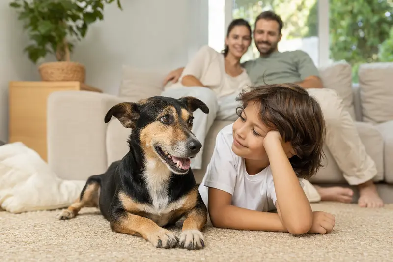 Ein Brasilianischer Terrier liegt entspannt neben einem Kind im hellen Wohnzimmer und vermittelt eine sichere Familienatmosphäre.
