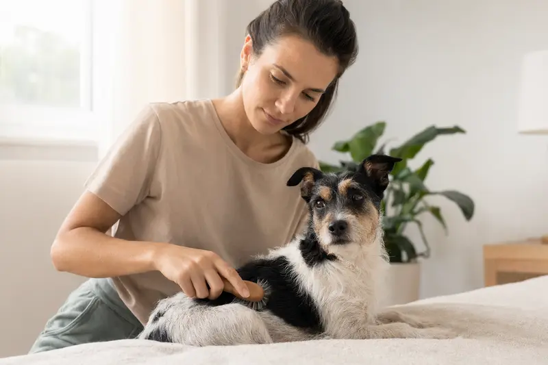 Ein Brasilianischer Terrier wird in einer hellen Wohnung sanft gebürstet, während sein Besitzer das Fell liebevoll pflegt.