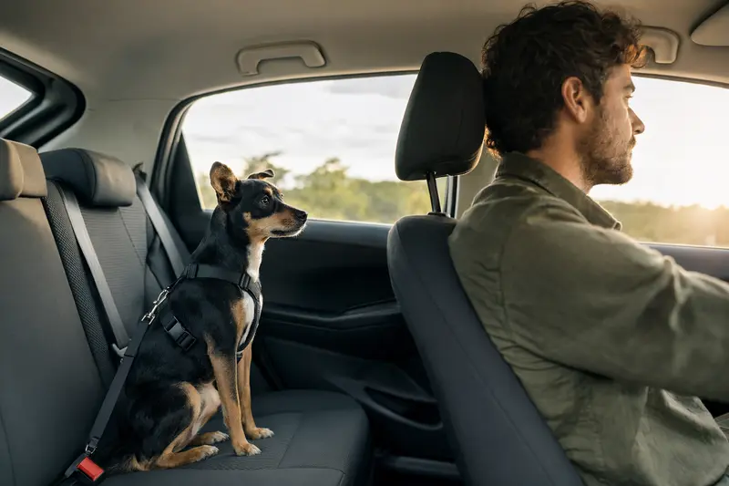Ein Brasilianischer Terrier sitzt sicher angeschnallt auf der Rückbank eines Autos, während der Besitzer ruhig fährt.