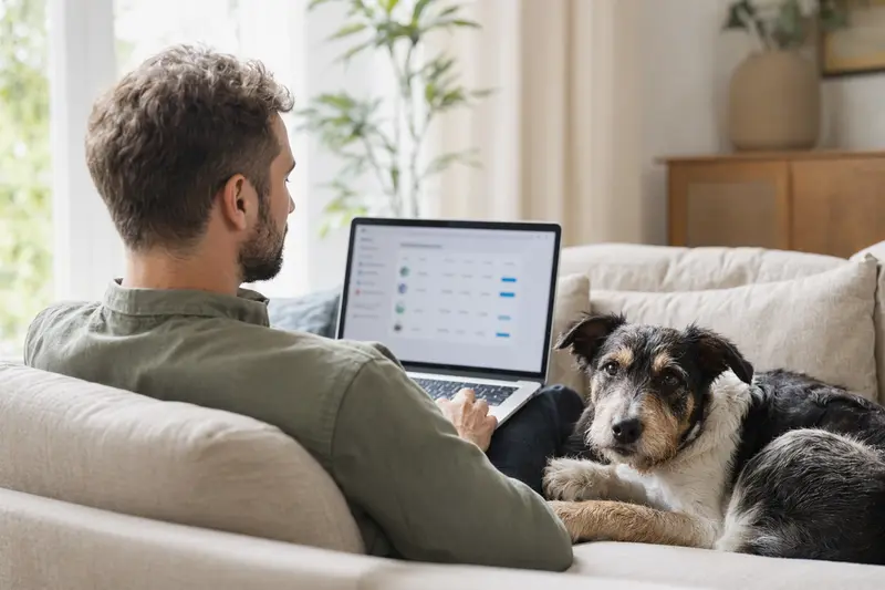 Ein Hundebesitzer arbeitet am Laptop auf dem Sofa, während sein Brasilianischer Terrier neben ihm sitzt und sie eine Versicherungsvergleichsseite betrachten.