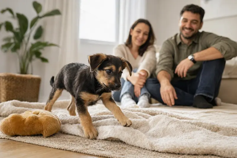 Ein neugieriger brasilianischer Terrier Welpe erkundet seine neue Umgebung auf einer weichen Decke.