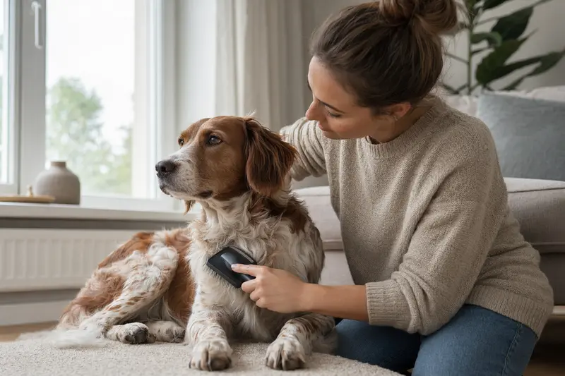 Ein Bretonischer Vorstehhund wird in einer hellen Wohnung liebevoll gebürstet und gepflegt.