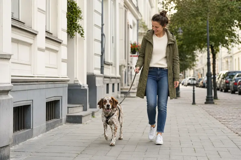 Ein Bretonischer Vorstehhund läuft an der Leine mit seinem Besitzer durch eine helle, moderne Stadtstraße.