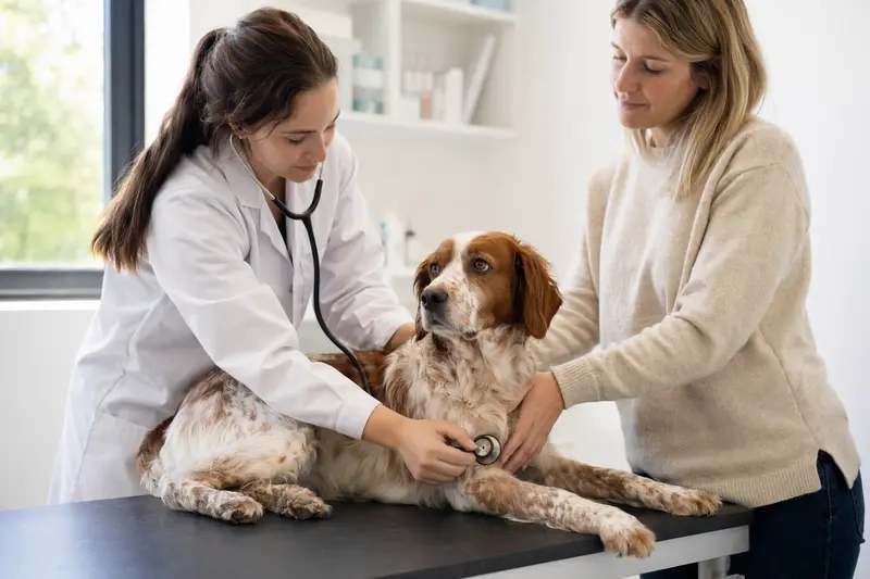 Ein Bretonischer Vorstehhund wird von einer freundlichen Tierärztin auf einem Untersuchungstisch untersucht, während der Besitzer beruhigend daneben steht.