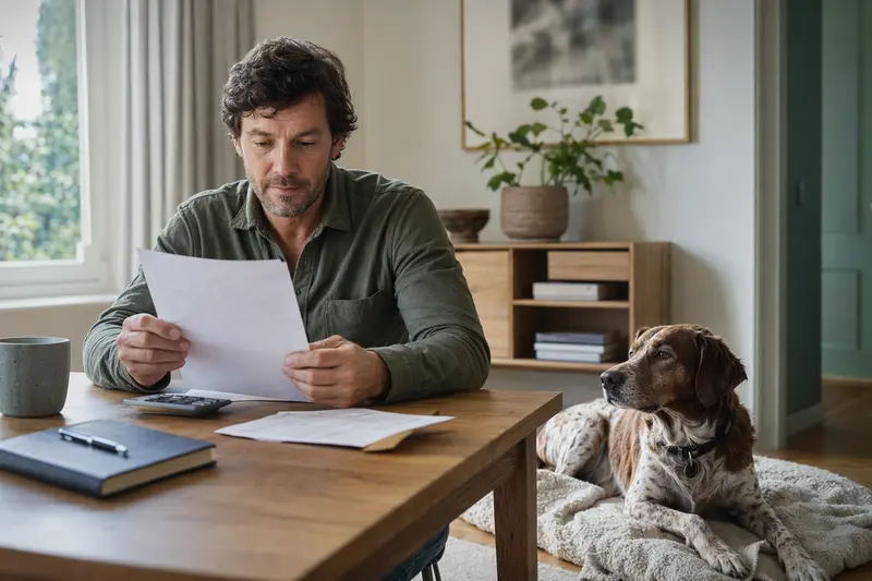 Besitzer sitzt mit Tierarztrechnung am Tisch, während ein Bretonischer Vorstehhund entspannt auf einer Decke liegt und die Situation an eine Hundekrankenversicherung erinnert.