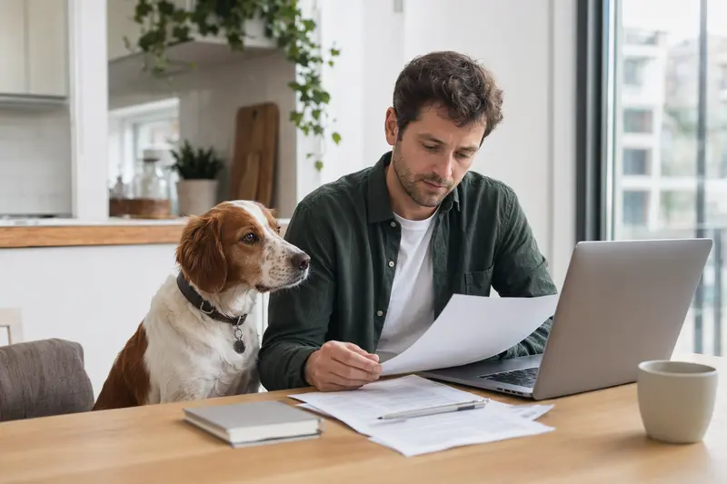 Ein Bretonischer Vorstehhund sitzt ruhig neben seinem Besitzer am Küchentisch, der mit Versicherungsunterlagen und einem Laptop mit Vergleichsseite bedeckt ist.