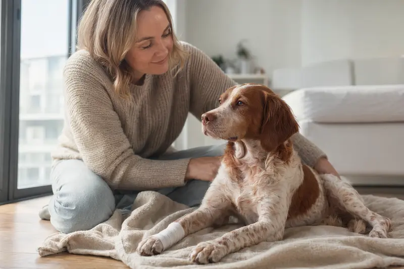 Ein Bretonischer Vorstehhund mit leichtem Verband an der Pfote liegt auf einer Decke, während sein Besitzer ihn beruhigt anblickt.