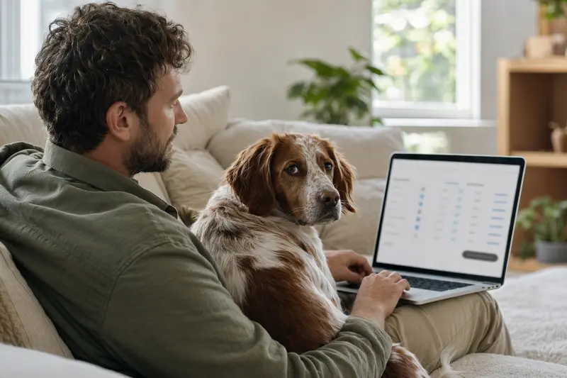 Ein Hundebesitzer entnimmt Informationen am Laptop, während sein Bretonischer Vorstehhund neben ihm sitzt.
