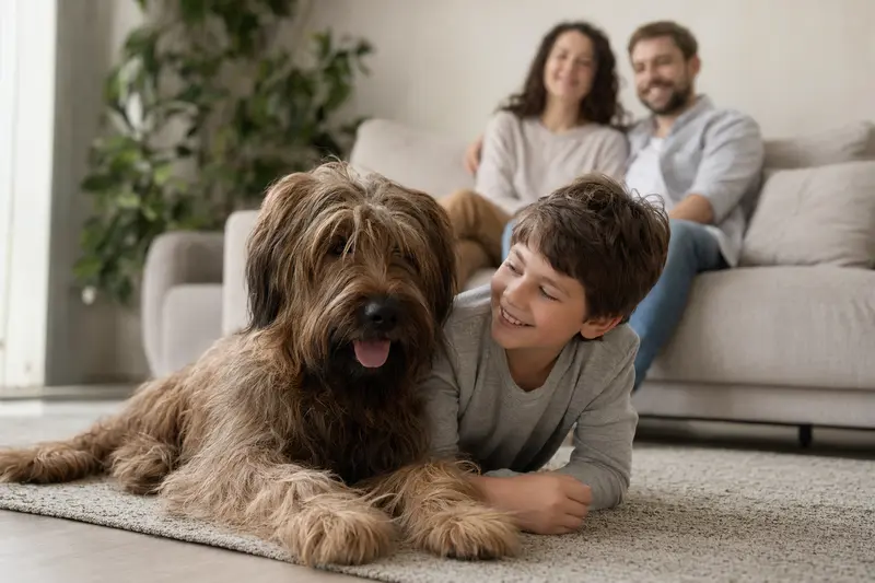 Ein freundlicher Briard Hund liegt entspannt neben einem Kind im Wohnzimmer und schafft eine warme, familiäre Atmosphäre.