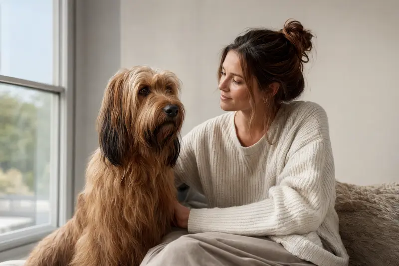 Ein schöner Briard Hund steht aufmerksam vor hellem Hintergrund und zeigt die typische Fellstruktur und Körperform der Rasse.