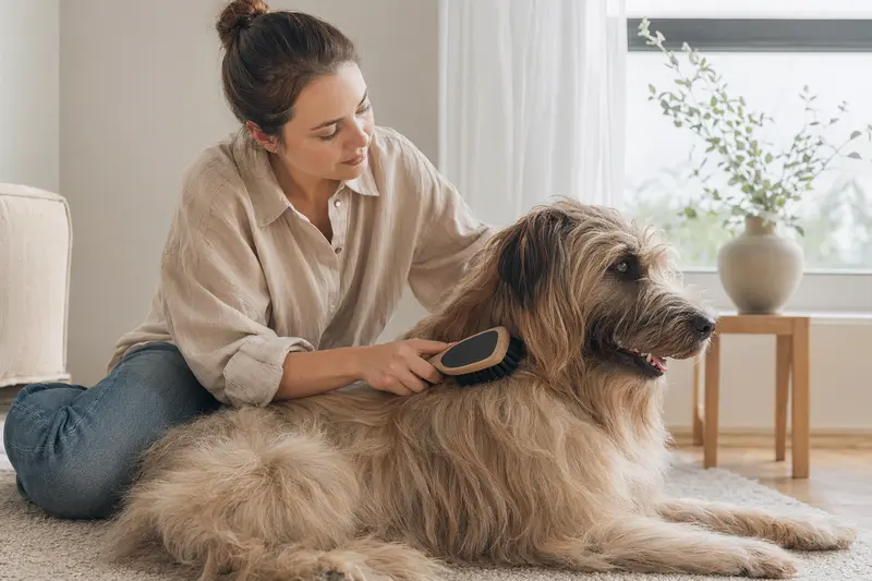 Ein liebevoller Besitzer bürstet sanft das Fell seines Briard Hundes in einer hellen Wohnung.