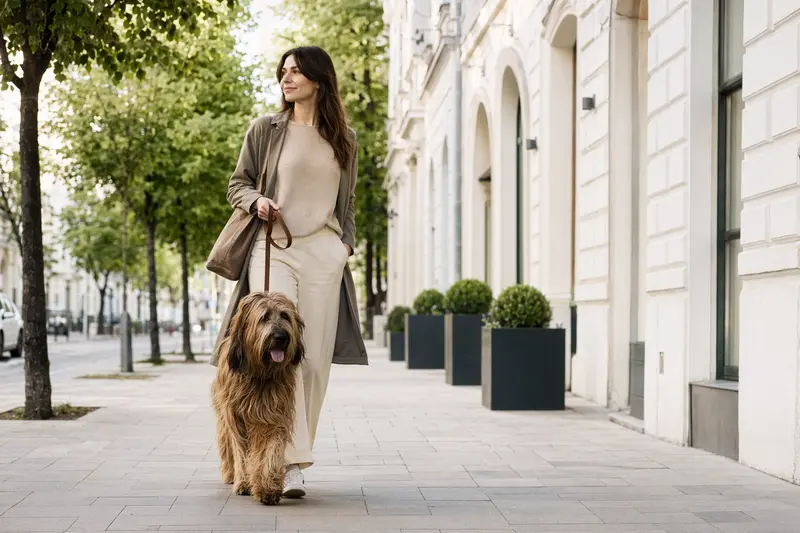 Ein Briard Hund läuft an der Leine mit seinem Besitzer durch eine moderne Stadtstraße.