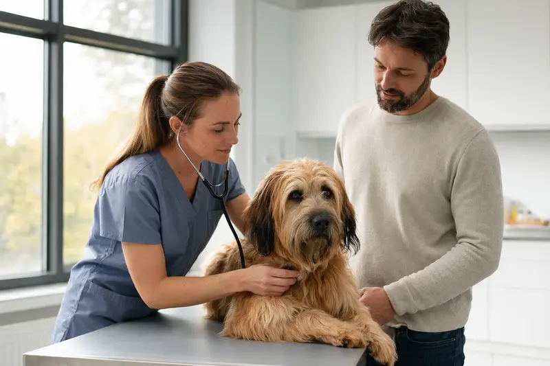 Ein Briard Hund wird sanft von einer Tierärztin mit einem Stethoskop in einer modernen Tierarztpraxis untersucht, während der Besitzer beruhigend danebensteht.