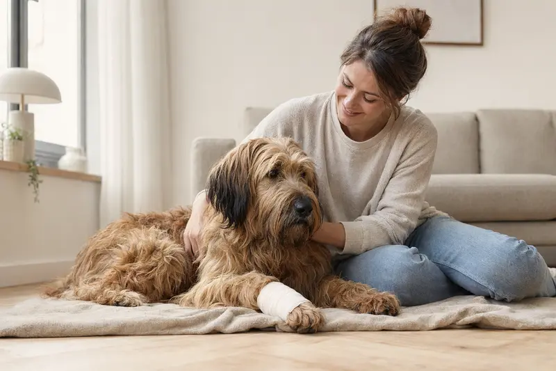Ein Briard Hund mit leichtem Verband an der Pfote ruht sich neben seinem erleichterten Besitzer in einer hellen Wohnung aus.
