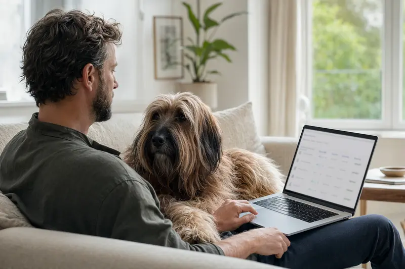 Ein Hundebesitzer arbeitet am Laptop auf dem Sofa neben seinem Briard Hund, während er Informationen zur Tierkrankenversicherung prüft.