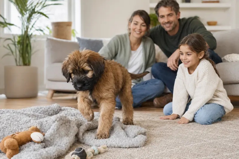 Ein junger Briard Welpe erkundet neugierig sein neues Zuhause mit einer weichen Decke und Spielzeugen, während eine liebevolle Familie im Hintergrund zu sehen ist.