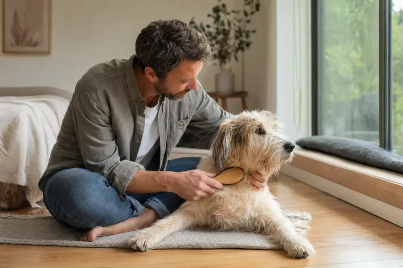Ein Briquet Griffon Vendeen wird in einer hellen Wohnung sanft gebürstet, während sich der Besitzer liebevoll um die Fellpflege kümmert.