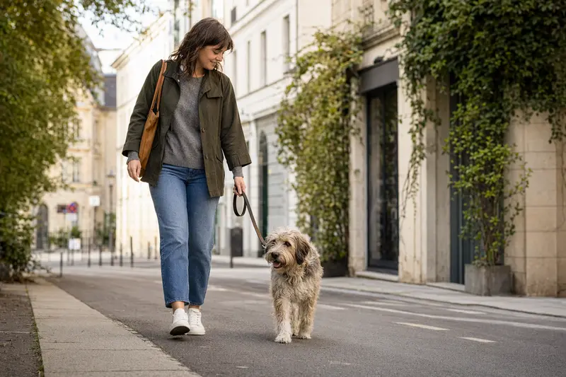 Ein Briquet Griffon Vendéen läuft an der Leine mit seinem Besitzer durch eine moderne Stadtstraße.