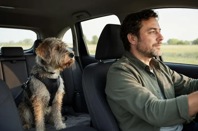 Ein Briquet Griffon Vendeen Hund sitzt sicher angeschnallt auf der Rückbank eines Autos, während die Sonne durch das Fenster scheint.