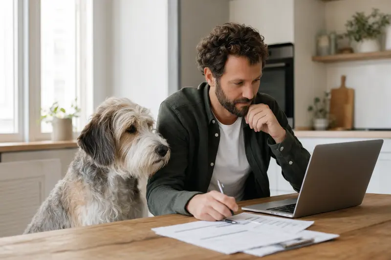 Ein Briquet Griffon Vendeen Hund sitzt ruhig neben seinem Besitzer am Küchentisch, auf dem Versicherungsunterlagen und ein Laptop liegen.