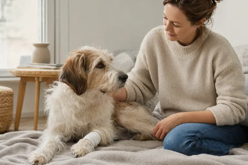 Ein Briquet Griffon Vendeen Hund entspannt mit einem leichten Verband an der Pfote neben seinem erleichterten Besitzer auf einer Decke.