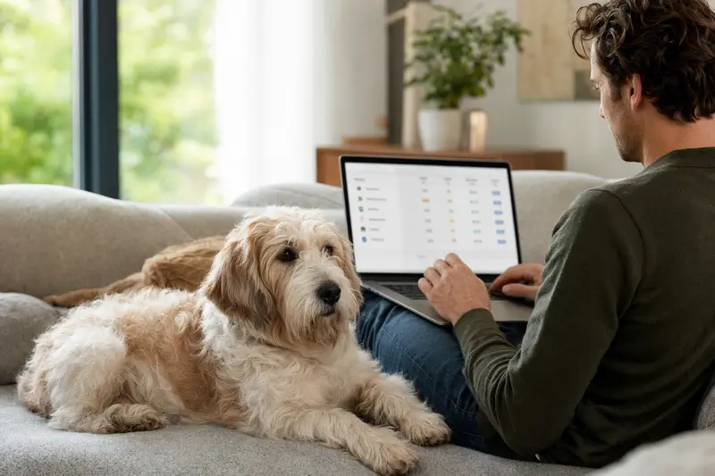 Ein Hundebesitzer sitzt mit einem Laptop auf dem Sofa, während ein Briquet Griffon Vendeen neben ihm steht.