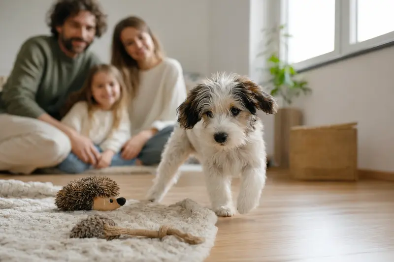Ein neugieriger Briquet Griffon Vendeen Welpe erkundet seine neue Umgebung mit liebevoller Familie im Hintergrund.
