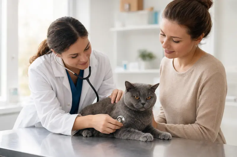 Eine Britisch Kurzhaar Katze wird von einer freundlichen Tierärztin auf einem Untersuchungstisch in einer hellen Tierarztpraxis untersucht.