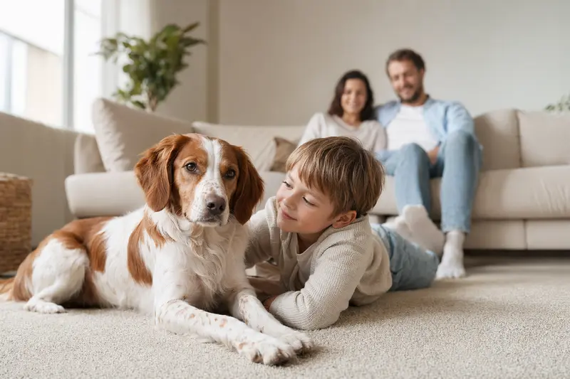 Ein entspannter Brittany Hund liegt neben einem Kind im Wohnzimmer, umgeben von einer warmen Familienatmosphäre.