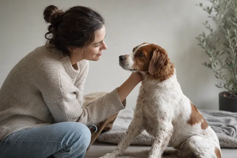 Aufmerksam stehender Brittany Hund vor hellem Hintergrund als realistisches Tierportrait mit weichem Licht.