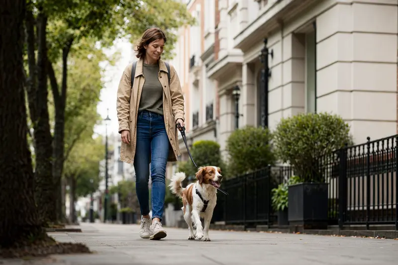 Ein Brittany Hund läuft entspannt an der Leine mit seinem Besitzer durch eine moderne Stadtstraße.
