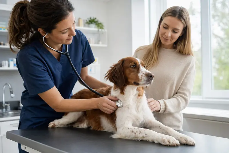 Ein entspannter Brittany Hund wird von einer freundlichen Tierärztin mit einem Stethoskop untersucht, während sein Besitzer beruhigend danebensteht.