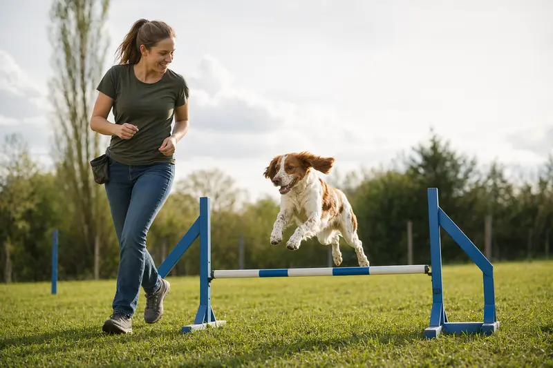 Ein Brittany Hund springt mit seinem Besitzer über eine kleine Trainingshürde auf einem sonnigen Hundeplatz.
