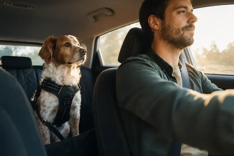 Ein Brittany Hund sitzt sicher angeschnallt auf der Rückbank eines Autos und genießt das Sonnenlicht.