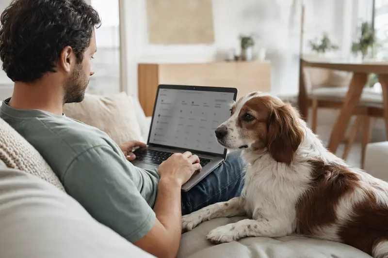 Ein Hundebesitzer nutzt seinen Laptop auf dem Sofa, während ein Brittany Hund neben ihm sitzt.