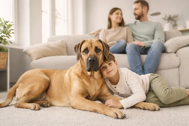 Ein freundlicher Broholmer Hund liegt entspannt neben einem Kind im lichtdurchfluteten Wohnzimmer.