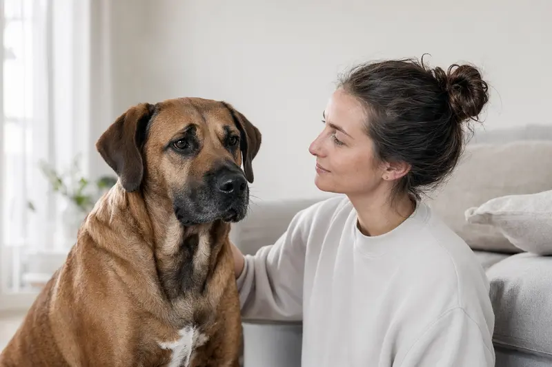 Ein aufmerksam stehender Broholmer Hund vor hellem Hintergrund für einen hochwertigen Ratgeber zum Thema Hundegesundheit und Versicherung.