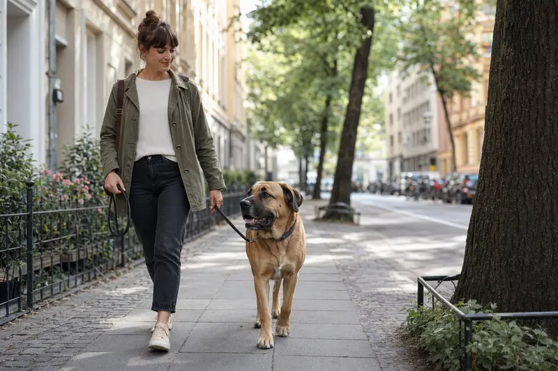 Ein Broholmer Hund läuft an der Leine mit seinem Besitzer durch eine freundliche moderne Stadtstraße.