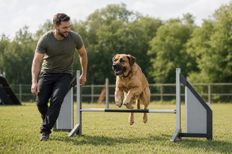 Ein Broholmer springt auf einem Hundeplatz über eine kleine Trainingshürde mit seinem Besitzer an der Seite.