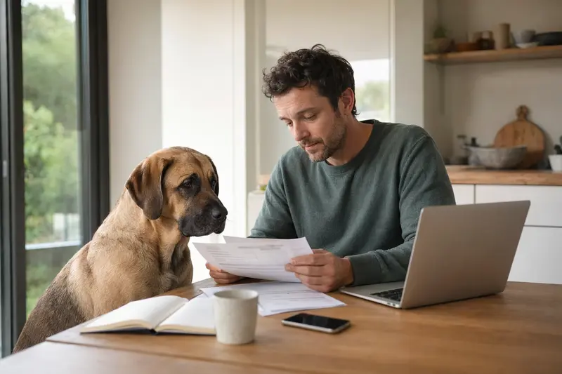 Ein Broholmer Hund sitzt neben seinem Besitzer am Küchentisch, während Versicherungsunterlagen und ein Laptop mit Vergleichsseite auf dem Tisch liegen.