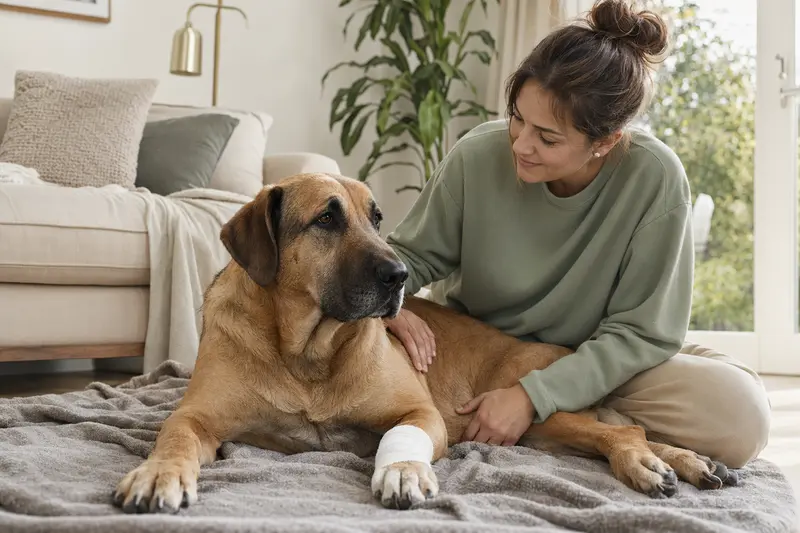 Ein Broholmer Hund mit Verband an der Pfote liegt auf einer Decke, während sein Besitzer erleichtert neben ihm sitzt.
