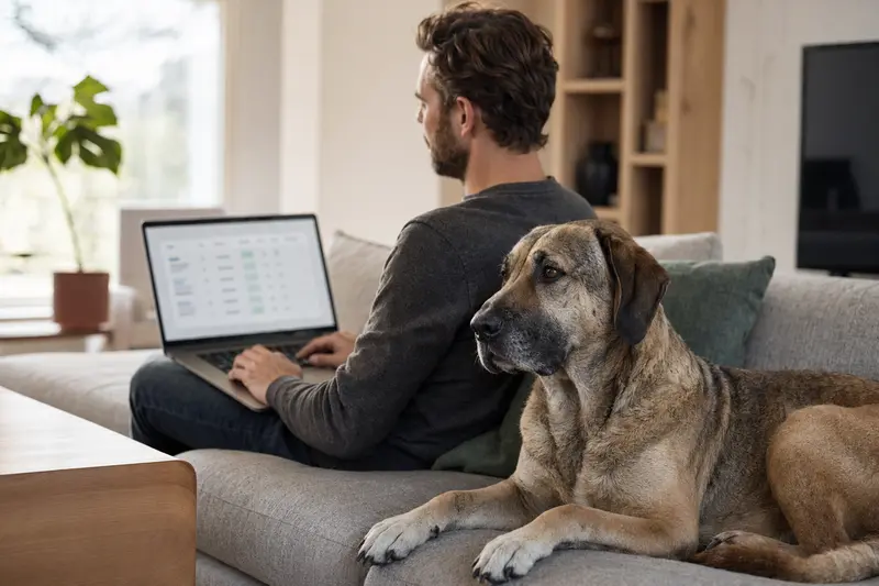 Ein Besitzer mit Laptop auf dem Sofa, während sein Broholmer Hund daneben sitzt und eine neutrale Versicherungsvergleichs-Oberfläche zeigt.