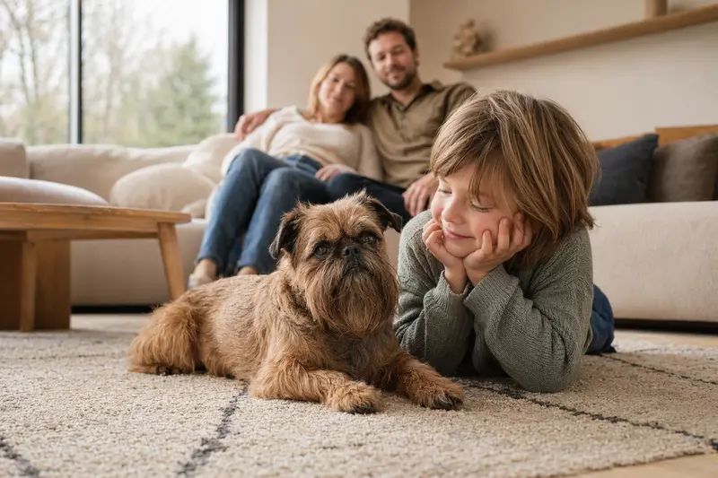 Ein entspannter Brüsseler Griffon Hund liegt neben einem Kind im Wohnzimmer und vermittelt ein Gefühl von Vertrauen.