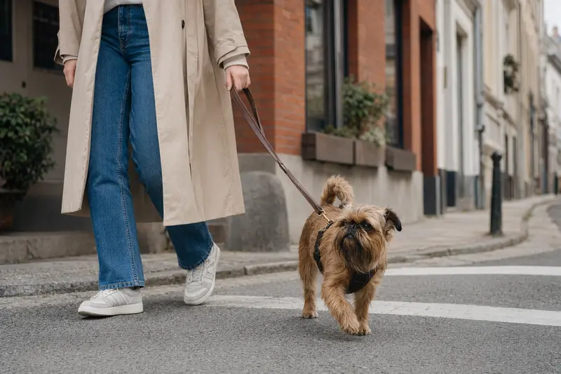 Ein Brüsseler Griffon läuft an der Leine mit seinem Besitzer durch eine saubere moderne Stadtstraße.