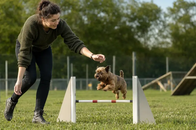 Ein aktiver Brüsseler Griffon springt mit seinem Besitzer über eine kleine Trainingshürde auf dem Hundeplatz.