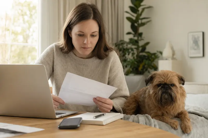 Ein Hundehalter sitzt mit einer Tierarztrechnung am Tisch, während ein Brüsseler Griffon entspannt auf einer Decke liegt und das Thema Hundekosten und Versicherung ruhig vermittelt.